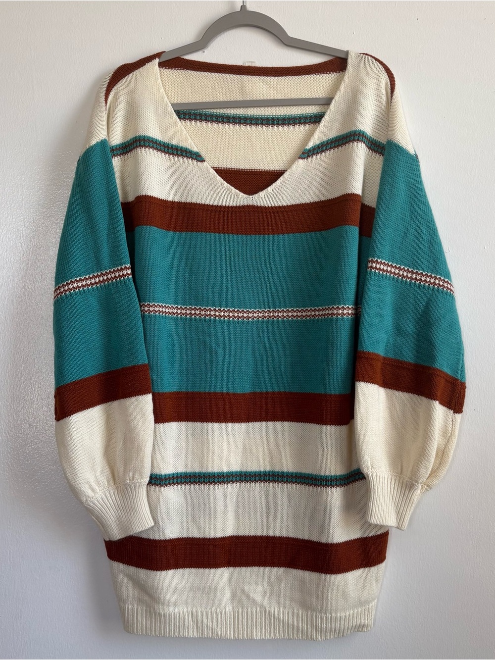 Cupshe Women’s Ivory Teal Brown Striped V-Neck Knit Pullover Sweater M
